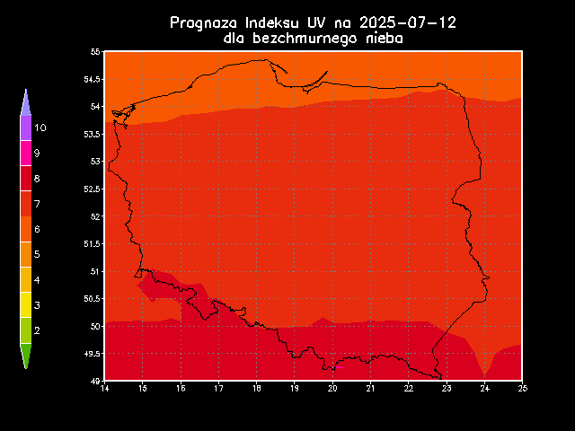 Prognoza Indeksu UV dla bezchmurnego nieba